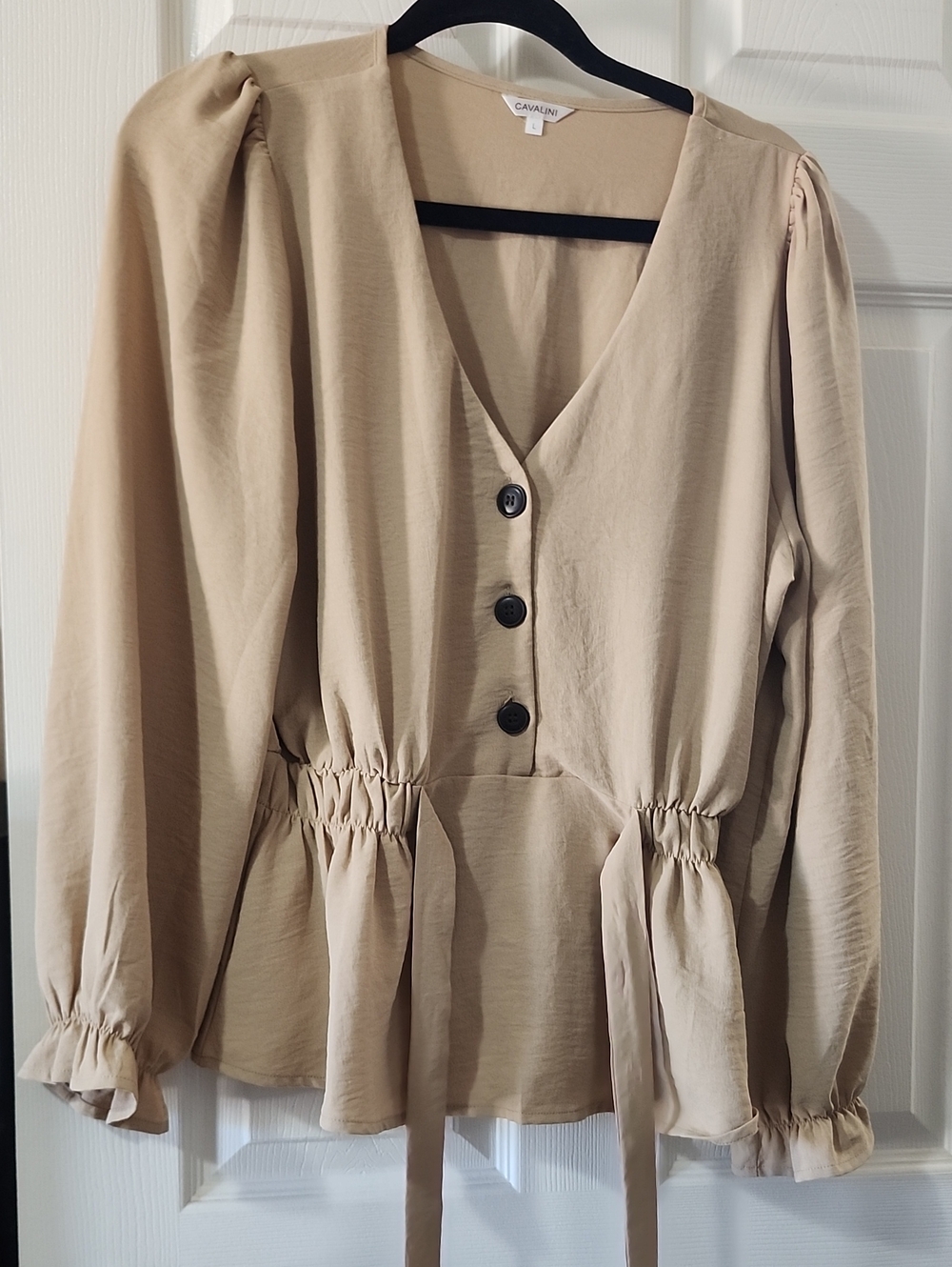 Cavalini Neutral Tan V-Neck Button Peplum Blouse